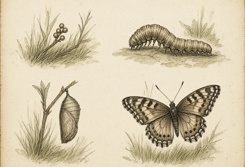 Field sketch of a butterfly life cycle (trứng, sâu, nhộng, bướm)
